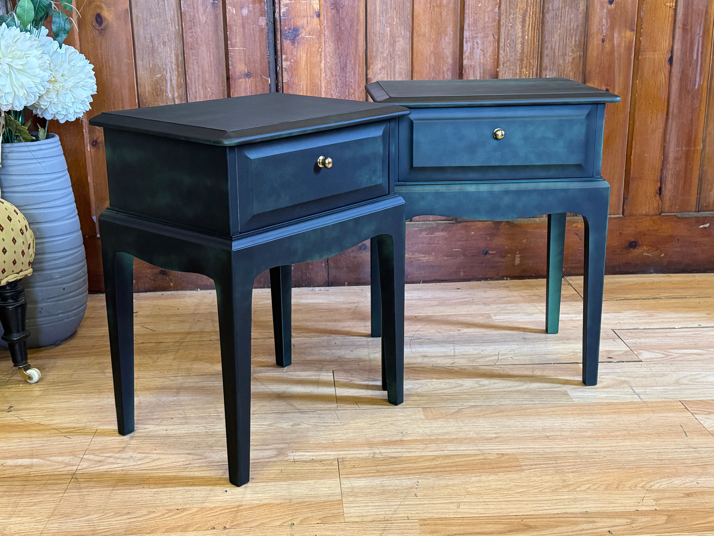 Vintage Stag Minstrel Bedside Tables \ Painted Black & Green Bedside Drawers