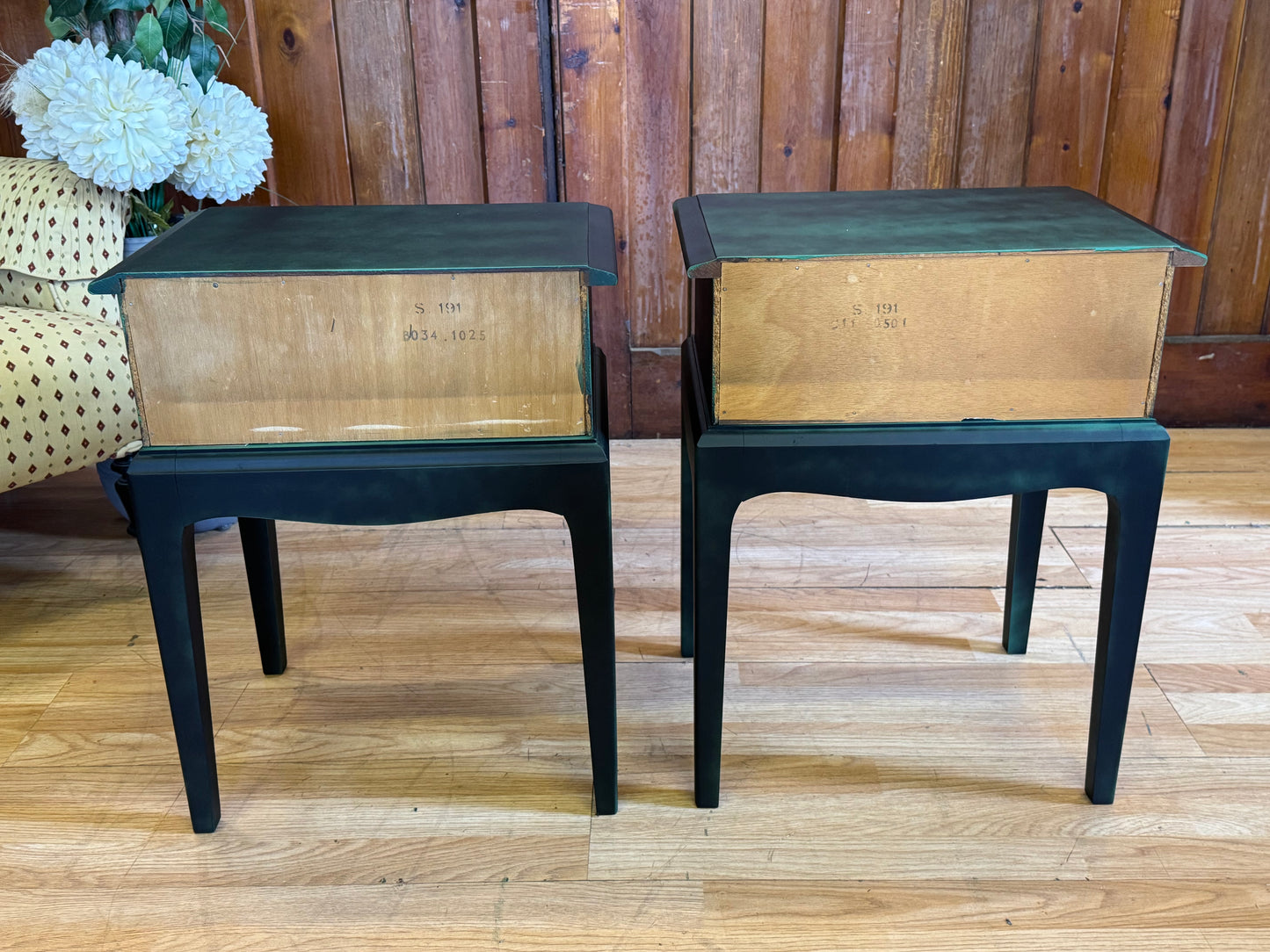 Vintage Stag Minstrel Bedside Tables \ Painted Black & Green Bedside Drawers
