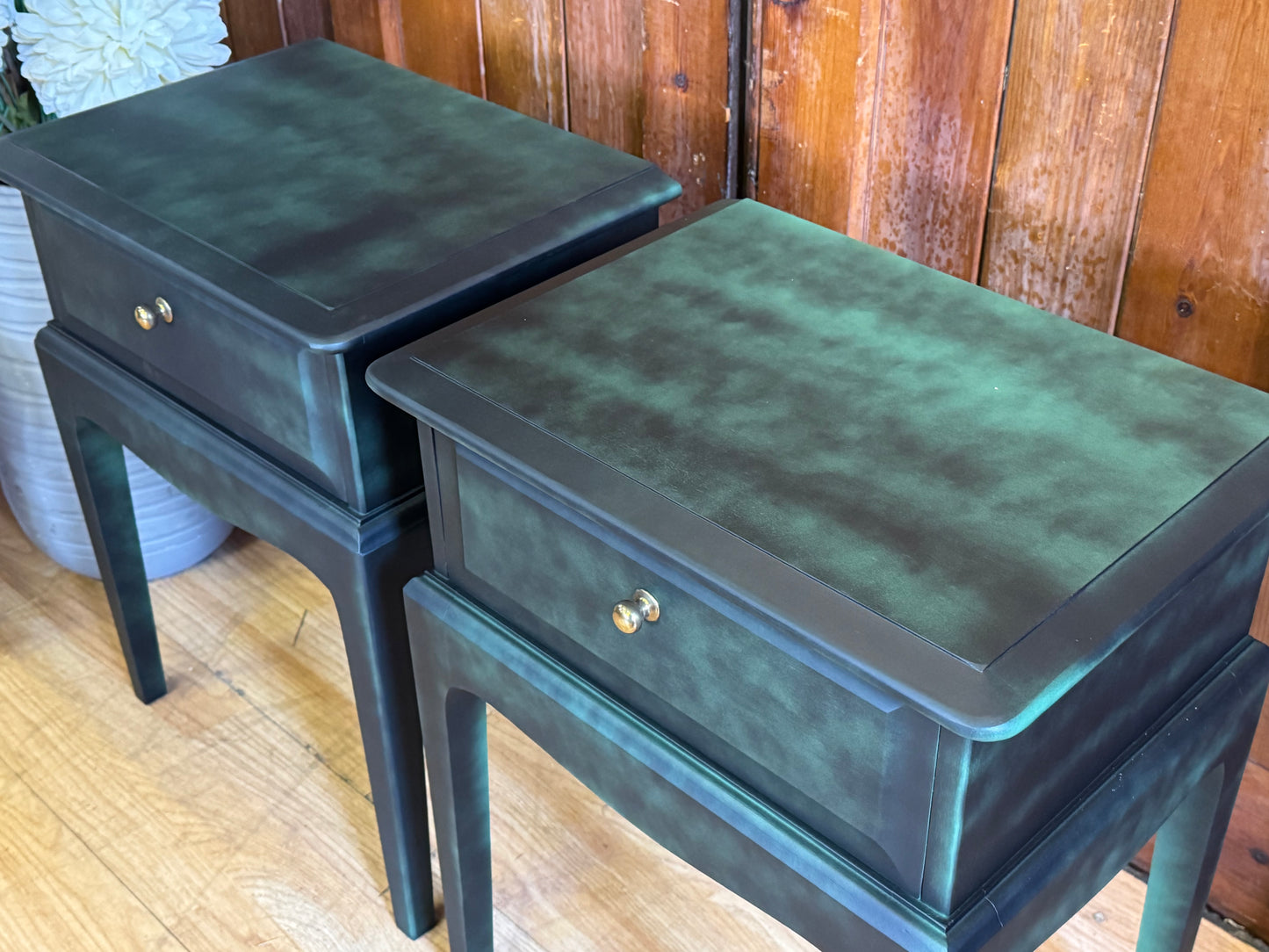 Vintage Stag Minstrel Bedside Tables \ Painted Black & Green Bedside Drawers