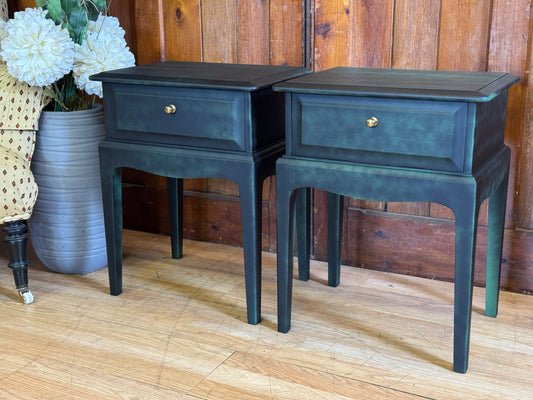 Vintage Stag Minstrel Bedside Tables \ Painted Black & Green Bedside Drawers