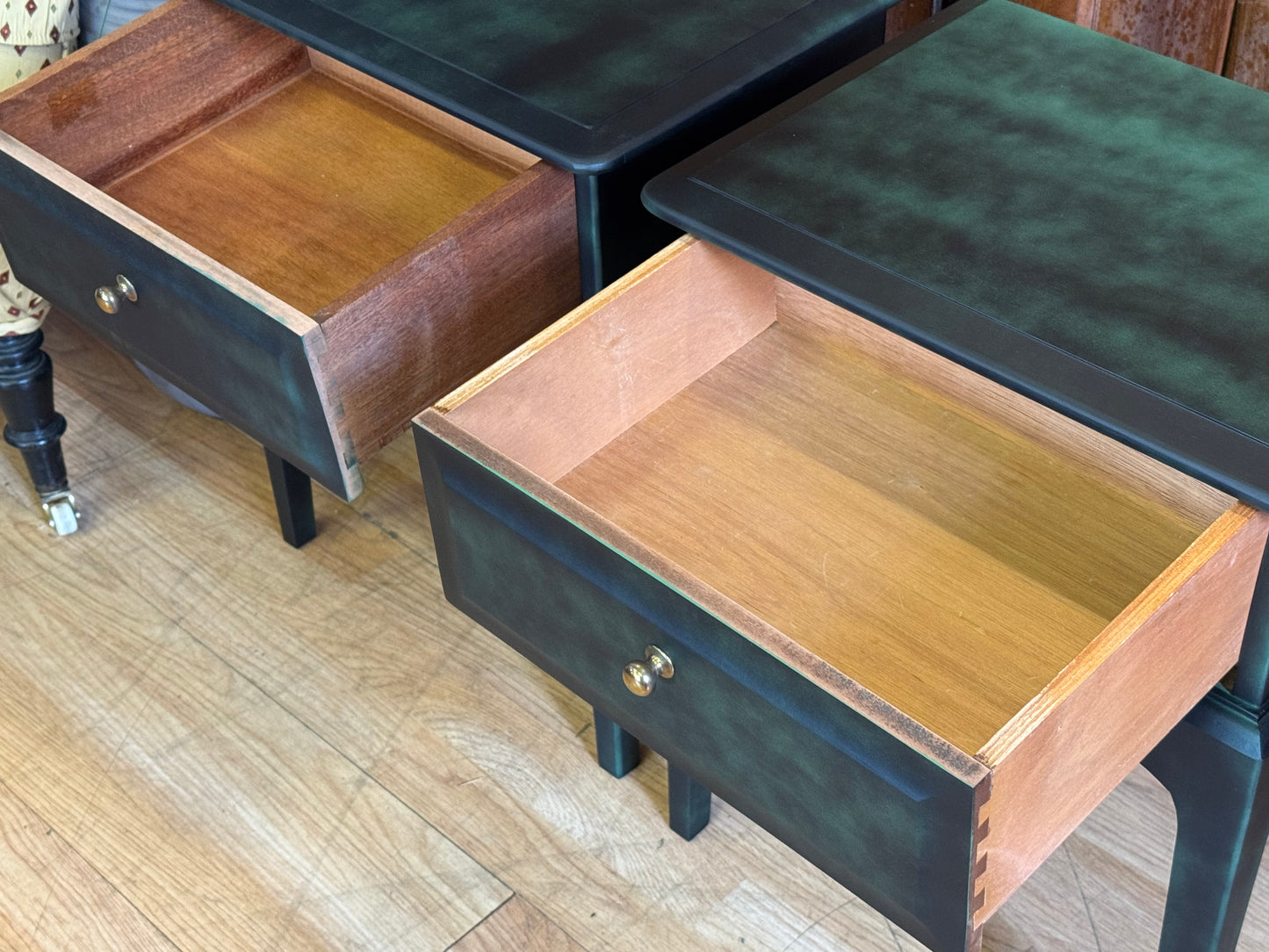 Vintage Stag Minstrel Bedside Tables \ Painted Black & Green Bedside Drawers