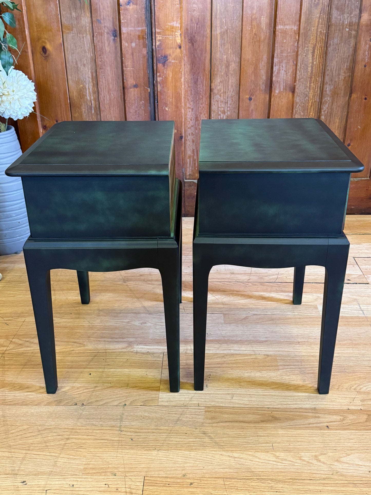 Vintage Stag Minstrel Bedside Tables \ Painted Black & Green Bedside Drawers