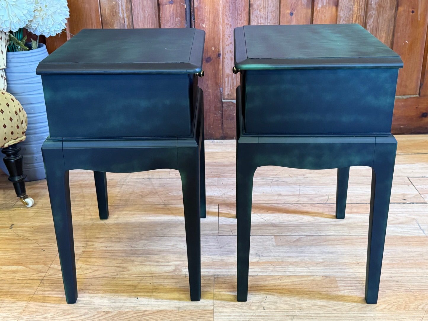 Vintage Stag Minstrel Bedside Tables \ Painted Black & Green Bedside Drawers
