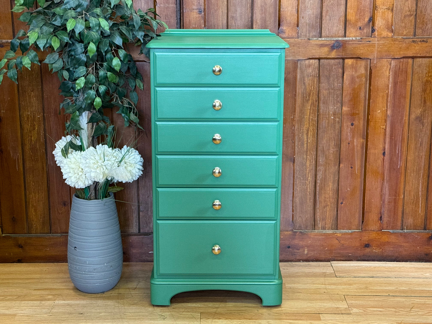Vintage Ducal Pine Tallboy Chest of Drawers \ Narrow Painted Green Storage Drawers