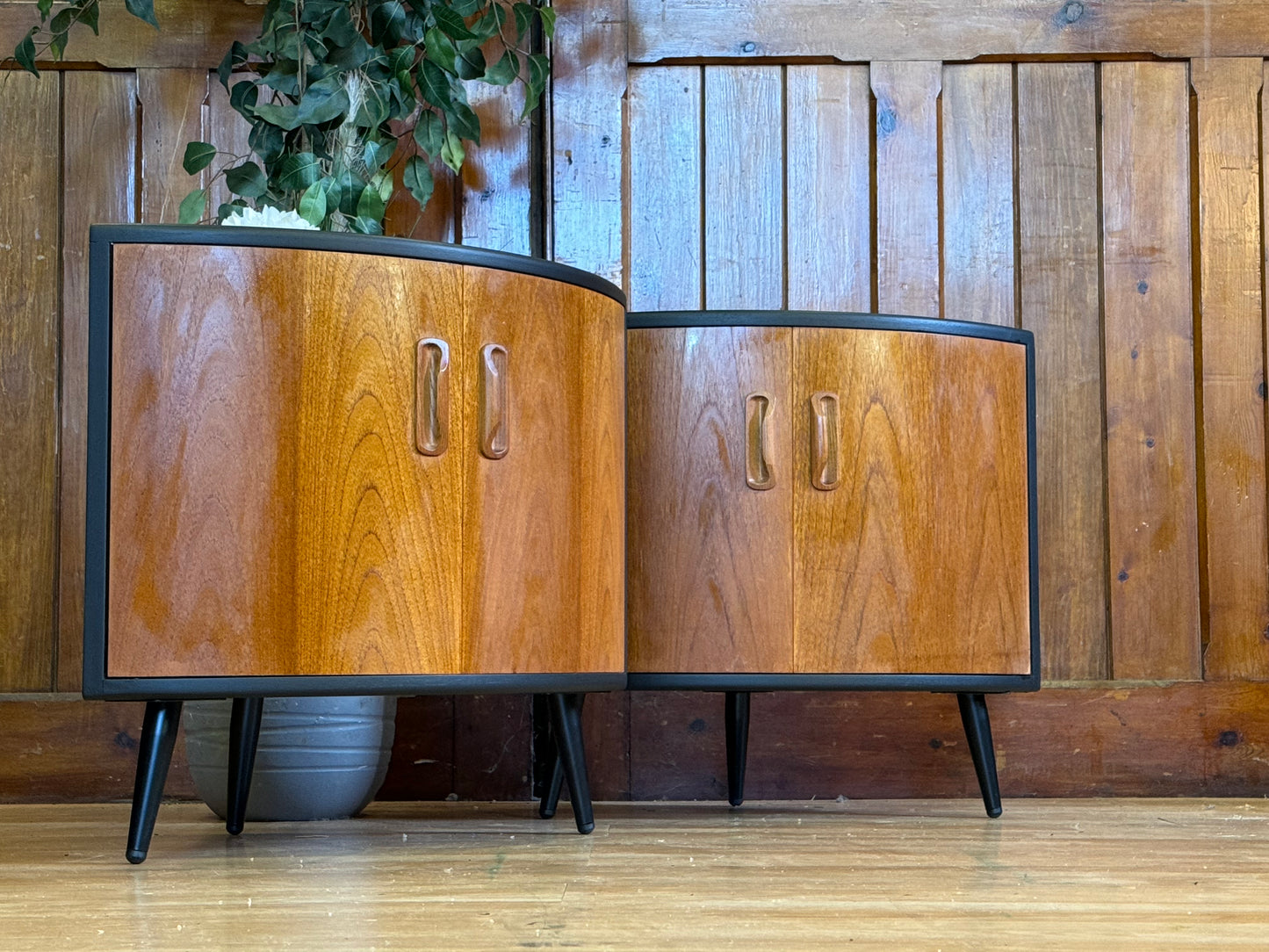 FOR LISA-Pair Low Teak G Plan Fresco Corner Cabinets \ Vintage Black Mid Century Cupboards