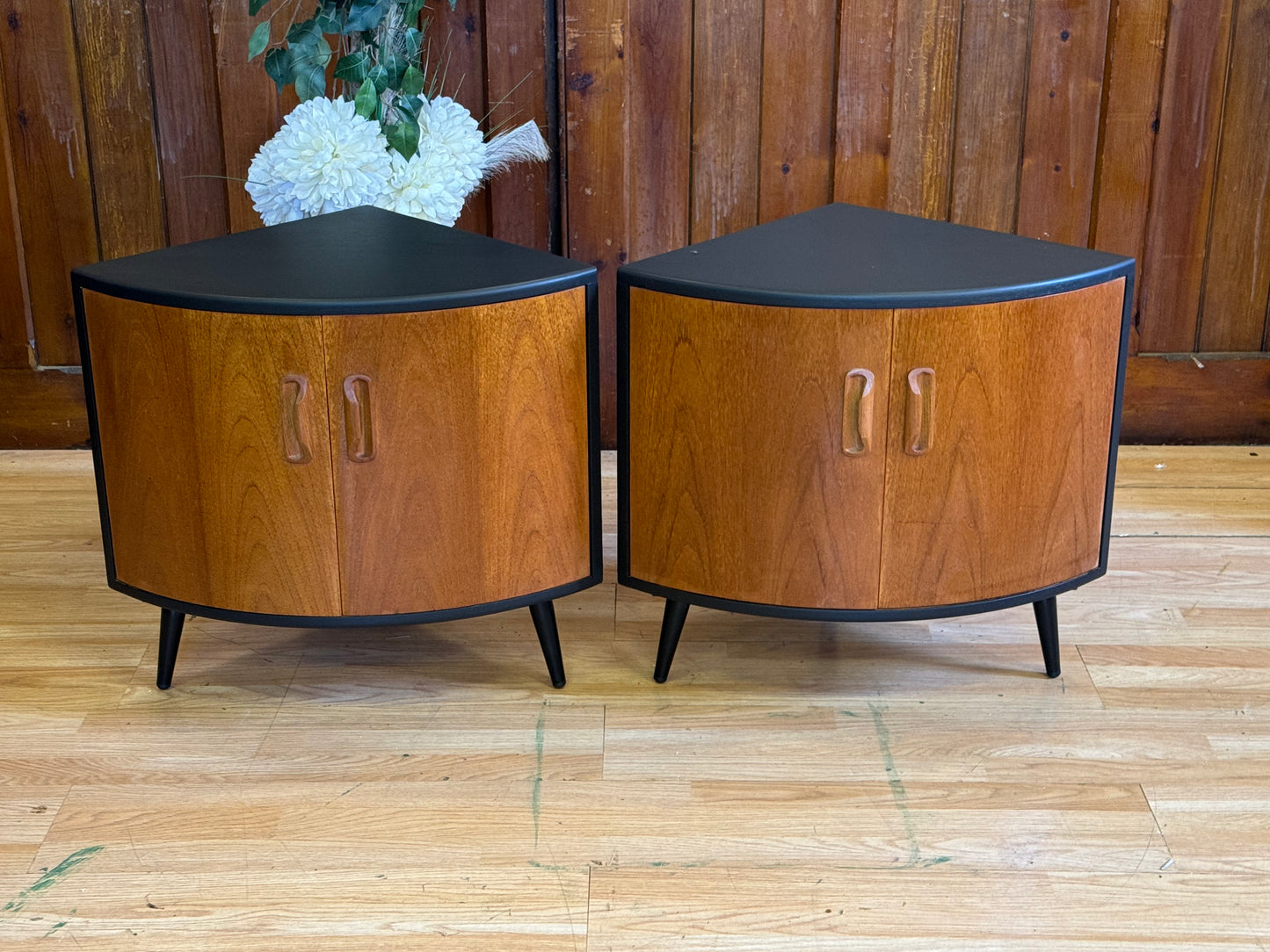 FOR LISA-Pair Low Teak G Plan Fresco Corner Cabinets \ Vintage Black Mid Century Cupboards