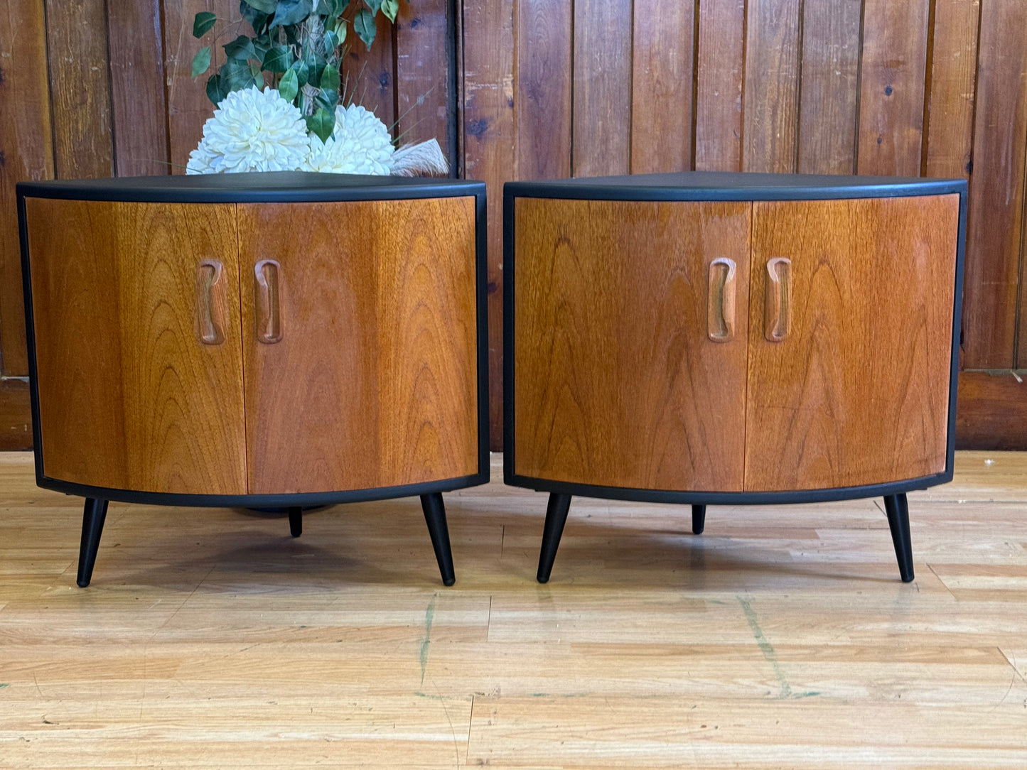 FOR LISA-Pair Low Teak G Plan Fresco Corner Cabinets \ Vintage Black Mid Century Cupboards