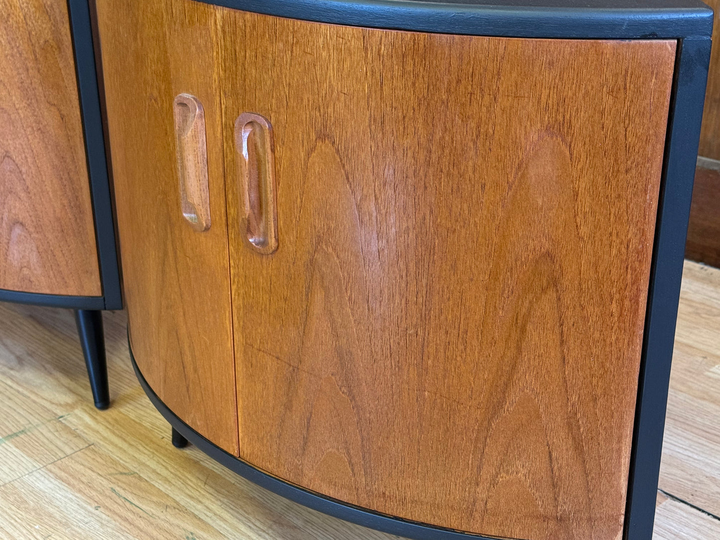 FOR LISA-Pair Low Teak G Plan Fresco Corner Cabinets \ Vintage Black Mid Century Cupboards