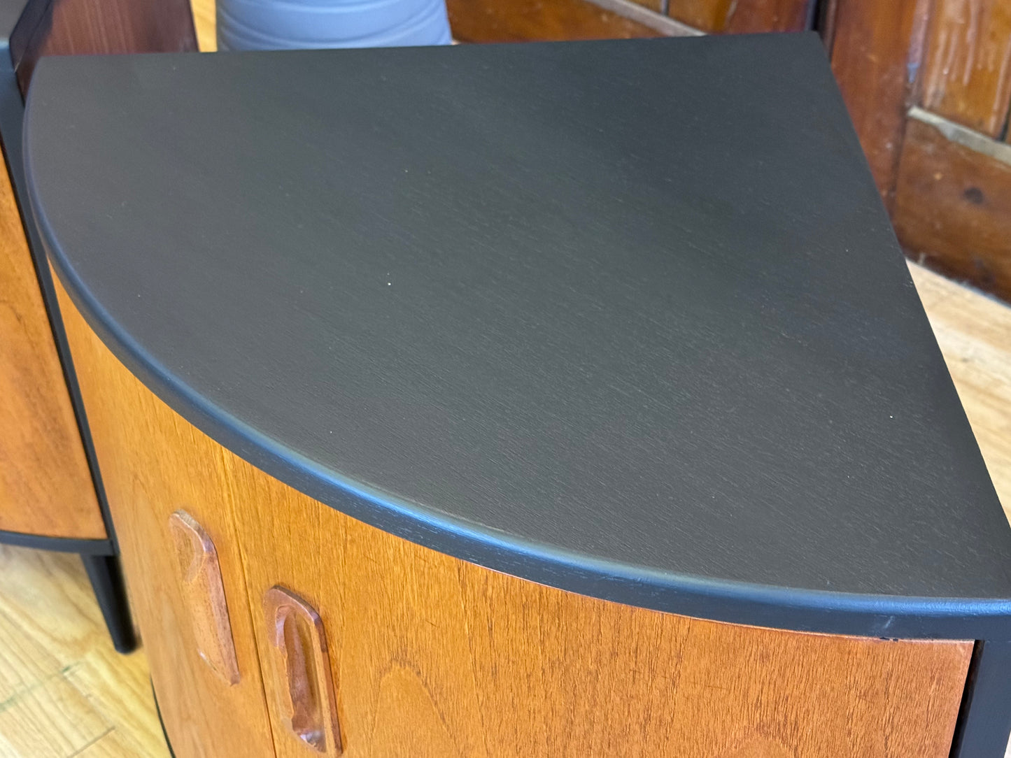 FOR LISA-Pair Low Teak G Plan Fresco Corner Cabinets \ Vintage Black Mid Century Cupboards
