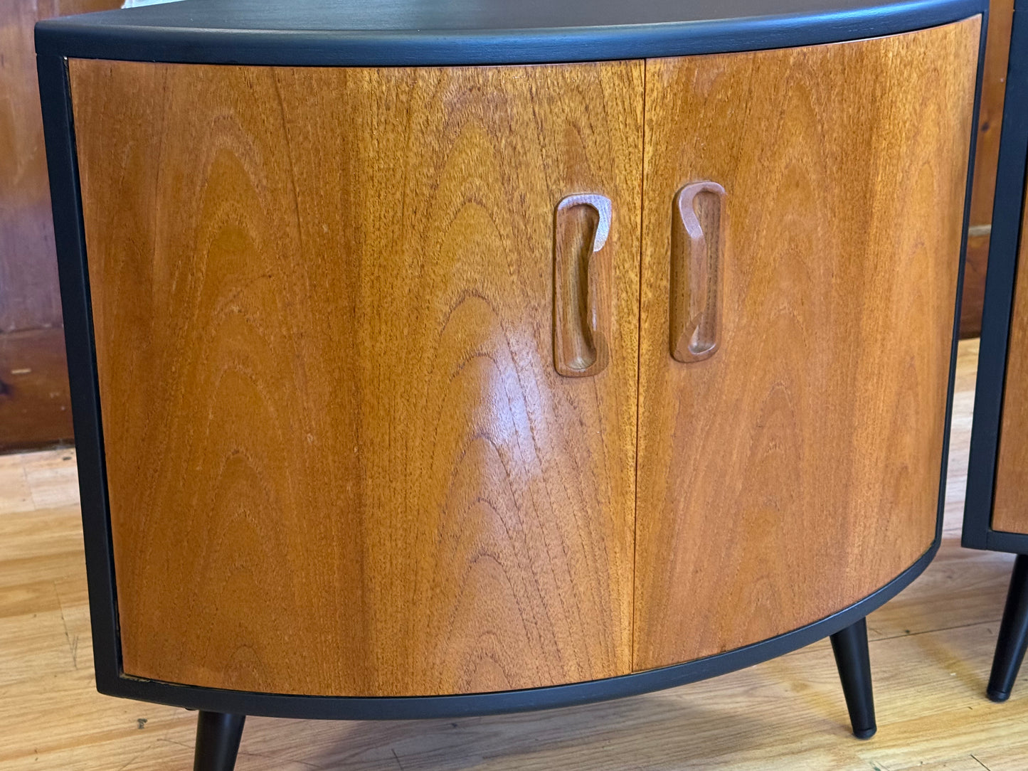FOR LISA-Pair Low Teak G Plan Fresco Corner Cabinets \ Vintage Black Mid Century Cupboards
