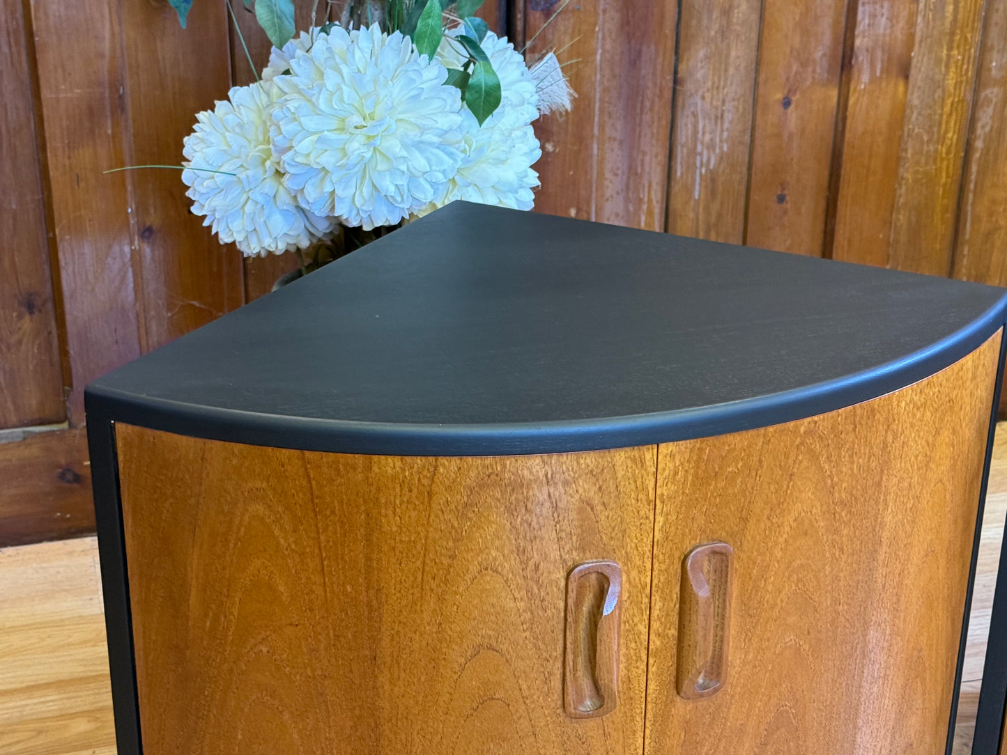FOR LISA-Pair Low Teak G Plan Fresco Corner Cabinets \ Vintage Black Mid Century Cupboards