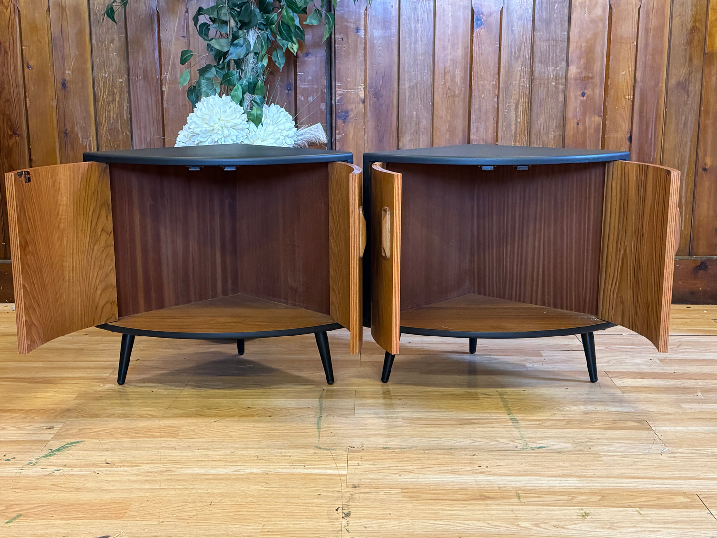 FOR LISA-Pair Low Teak G Plan Fresco Corner Cabinets \ Vintage Black Mid Century Cupboards