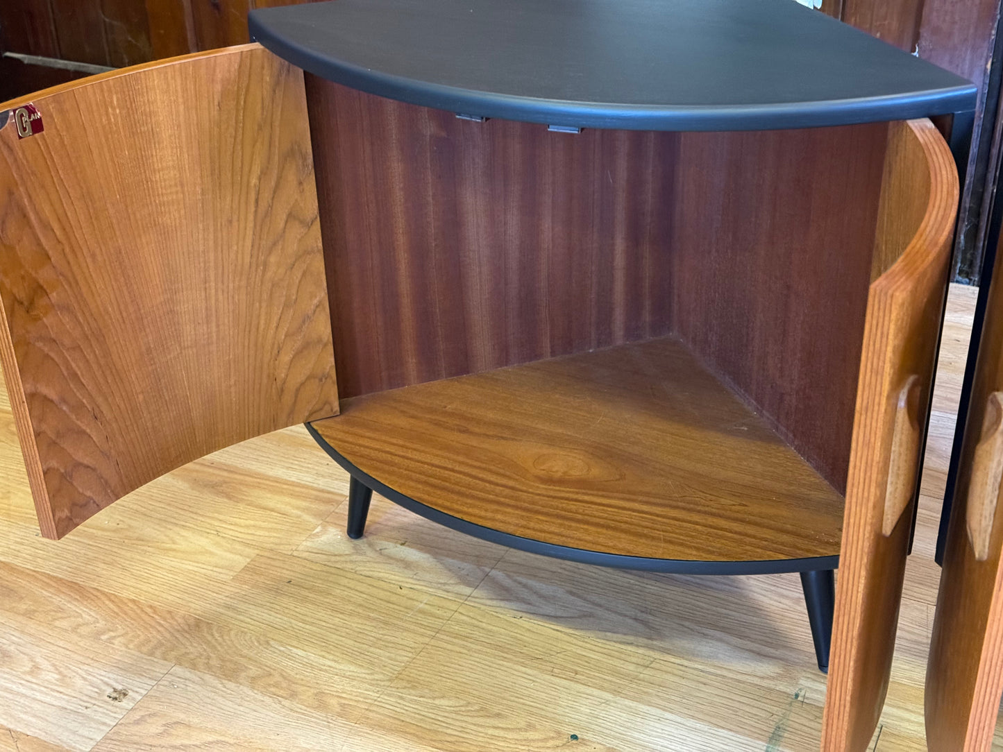 FOR LISA-Pair Low Teak G Plan Fresco Corner Cabinets \ Vintage Black Mid Century Cupboards