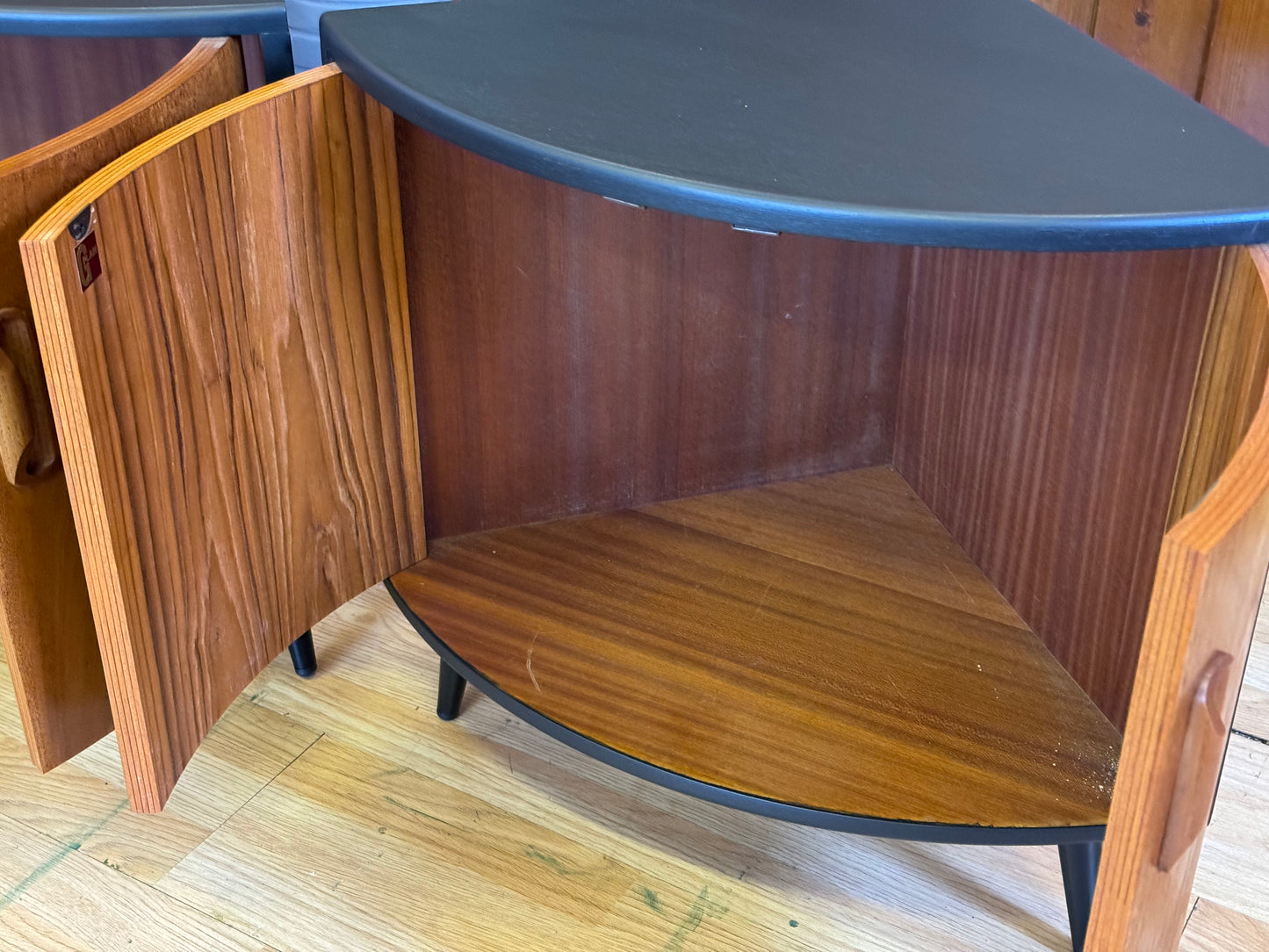 FOR LISA-Pair Low Teak G Plan Fresco Corner Cabinets \ Vintage Black Mid Century Cupboards