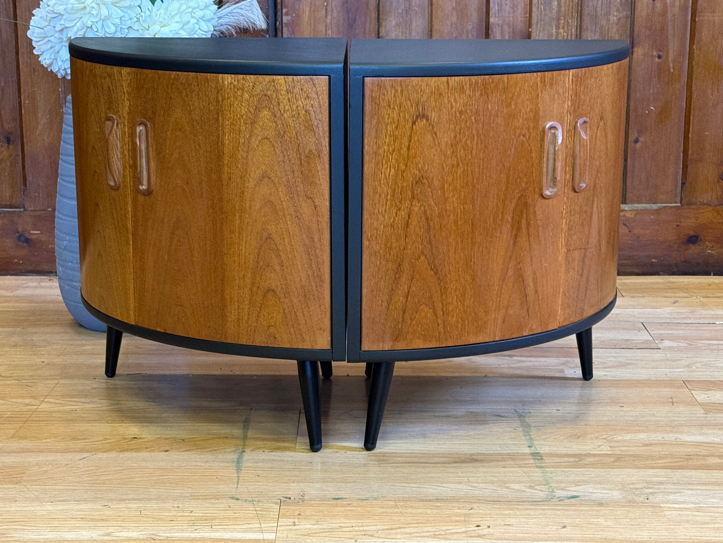 FOR LISA-Pair Low Teak G Plan Fresco Corner Cabinets \ Vintage Black Mid Century Cupboards