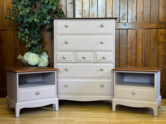 Vintage Pink Stag Minstrel Bedroom Set \ Tallboy Chest of Drawers \ Bedside Tables