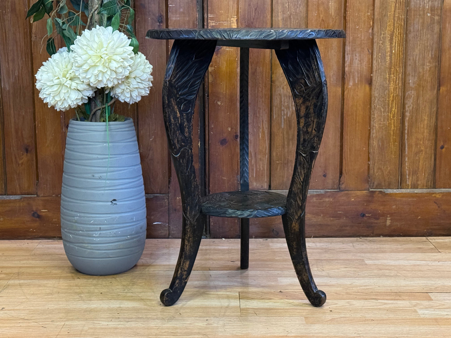 Antique Ebonised 1905 Liberty London Carved Japanese Side Lamp Table \ Jardiniere