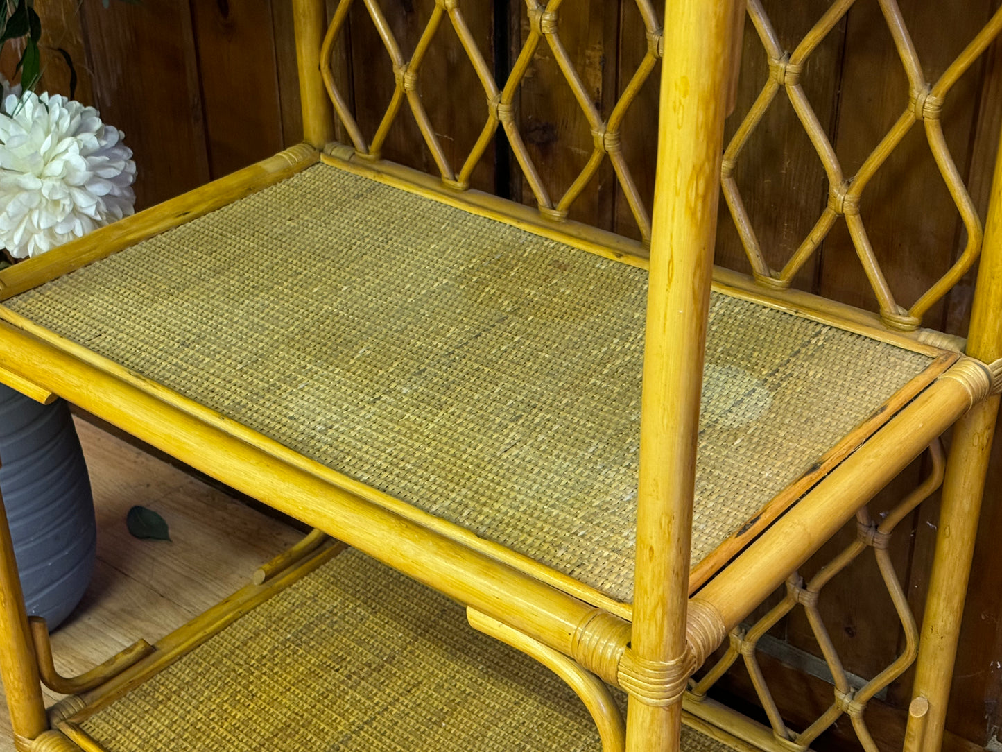 Vintage Cane Rattan Bookcase Shelves \ Bamboo Style Shelving Unit \ Boho Storage
