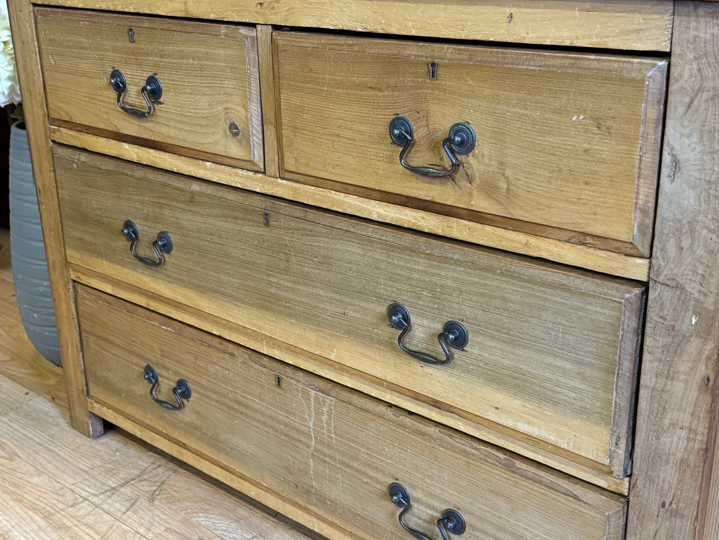 Antique Pine & Satinwood Farmhouse Low Chest of Drawers \ Rustic Storage Draws