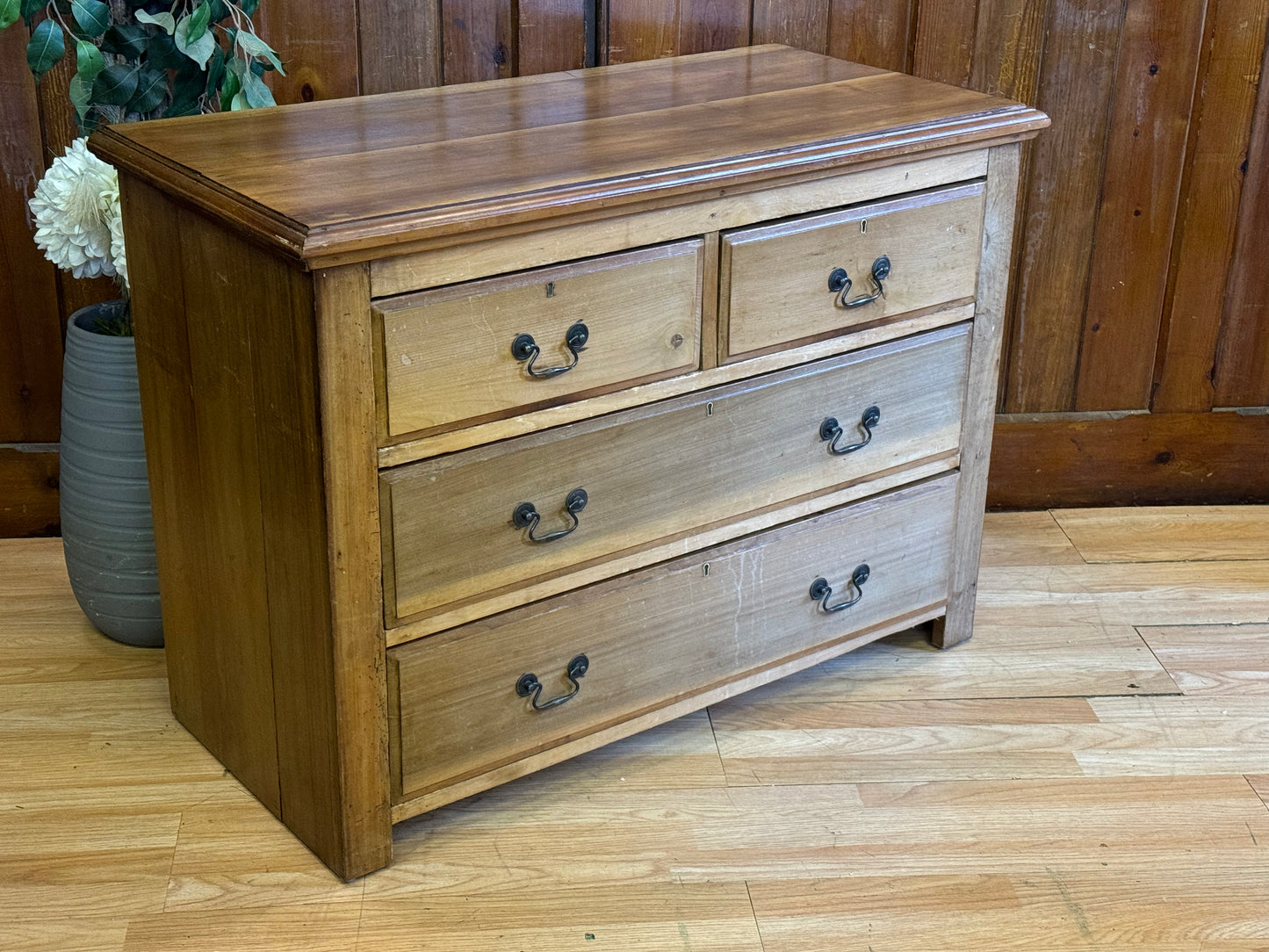 Antique Pine & Satinwood Farmhouse Low Chest of Drawers \ Rustic Storage Draws