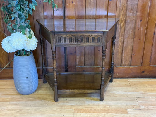 Solid Oak Canted Console Table by Jaycee \ Distressed Reproduction Lamp Table
