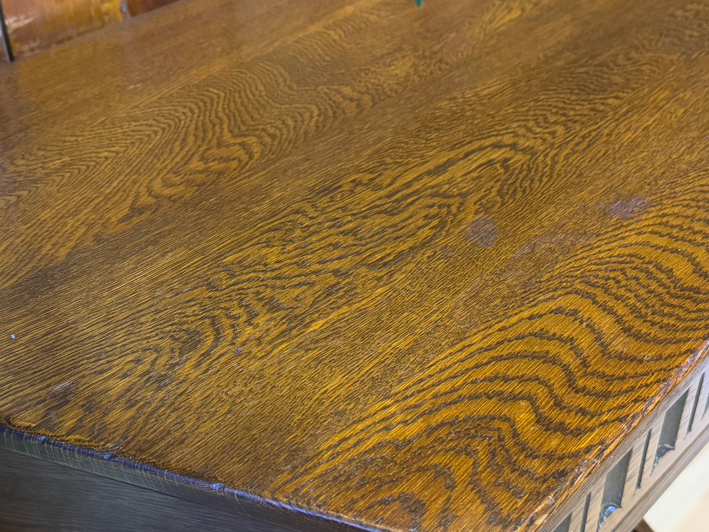 Solid Oak Canted Console Table by Jaycee \ Distressed Reproduction Lamp Table
