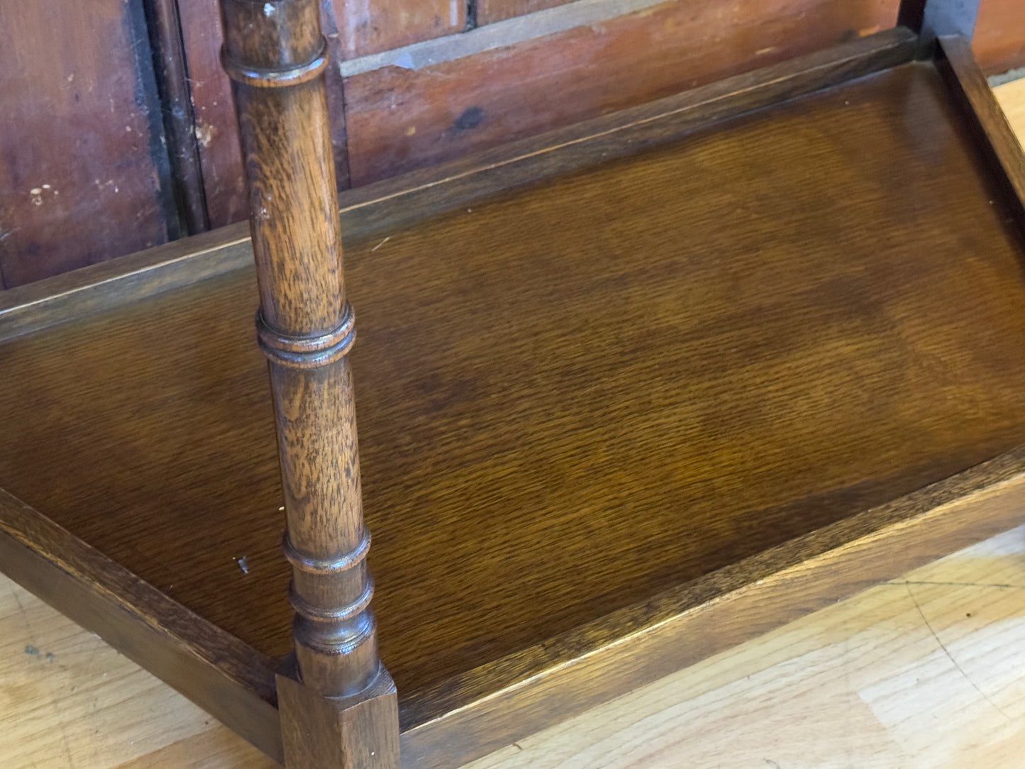 Solid Oak Canted Console Table by Jaycee \ Distressed Reproduction Lamp Table