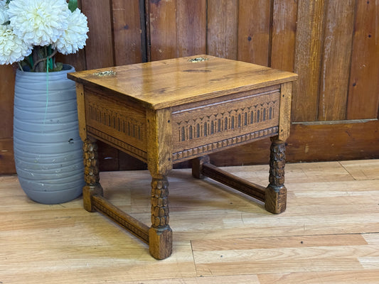 Small Golden Oak Reproduction Slipper Box / Carved Tudor Style Bible Box