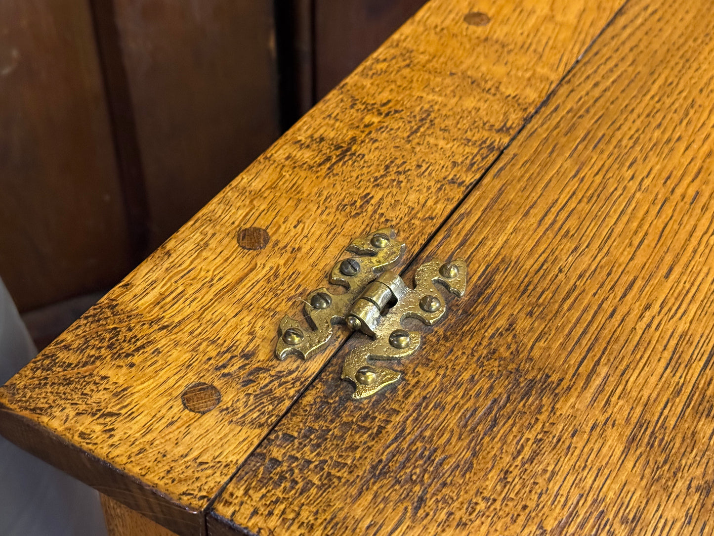 Small Golden Oak Reproduction Slipper Box / Carved Tudor Style Bible Box