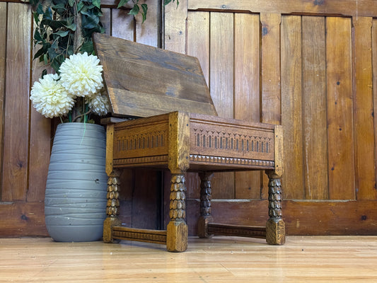 Small Golden Oak Reproduction Slipper Box / Carved Tudor Style Bible Box