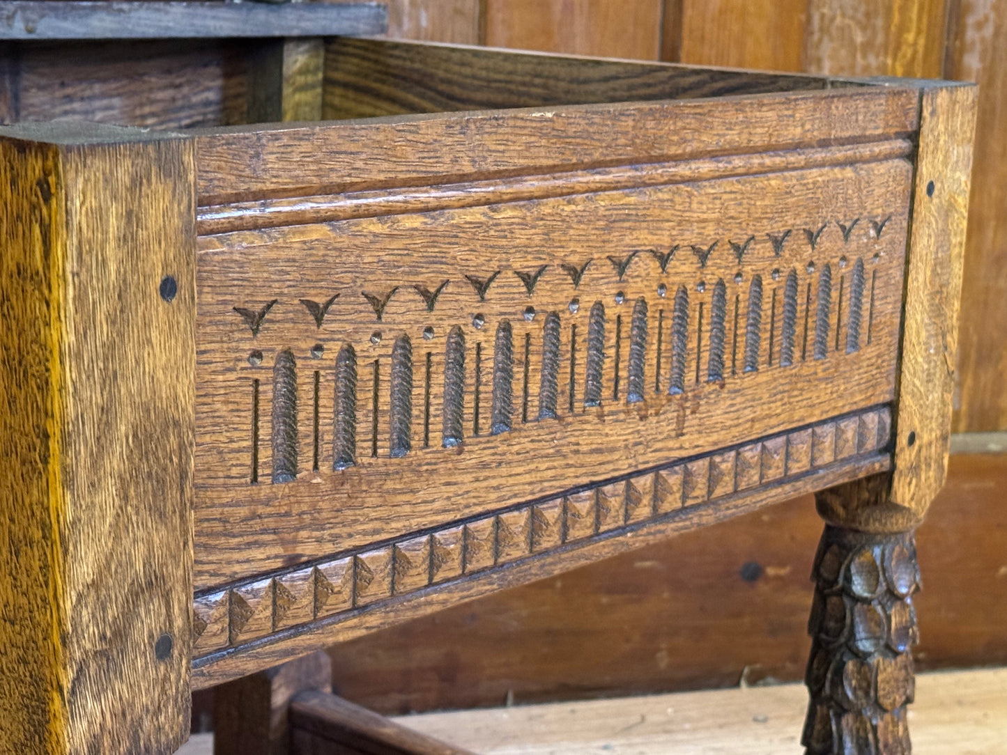 Small Golden Oak Reproduction Slipper Box / Carved Tudor Style Bible Box