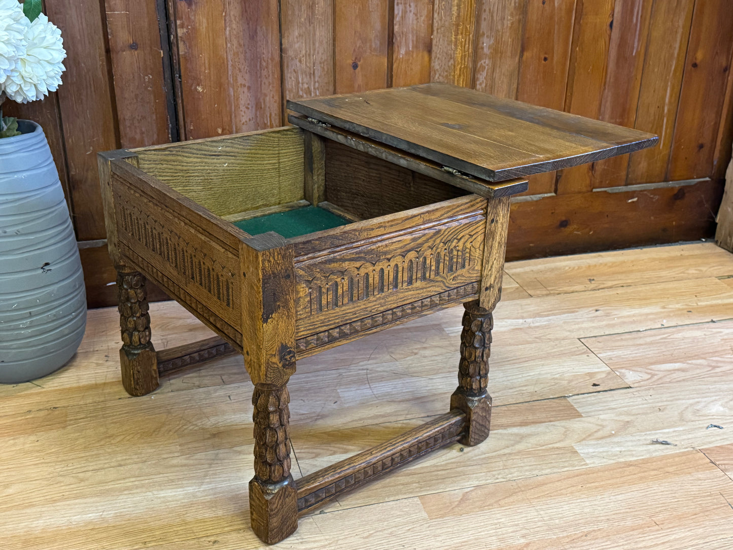 Small Golden Oak Reproduction Slipper Box / Carved Tudor Style Bible Box