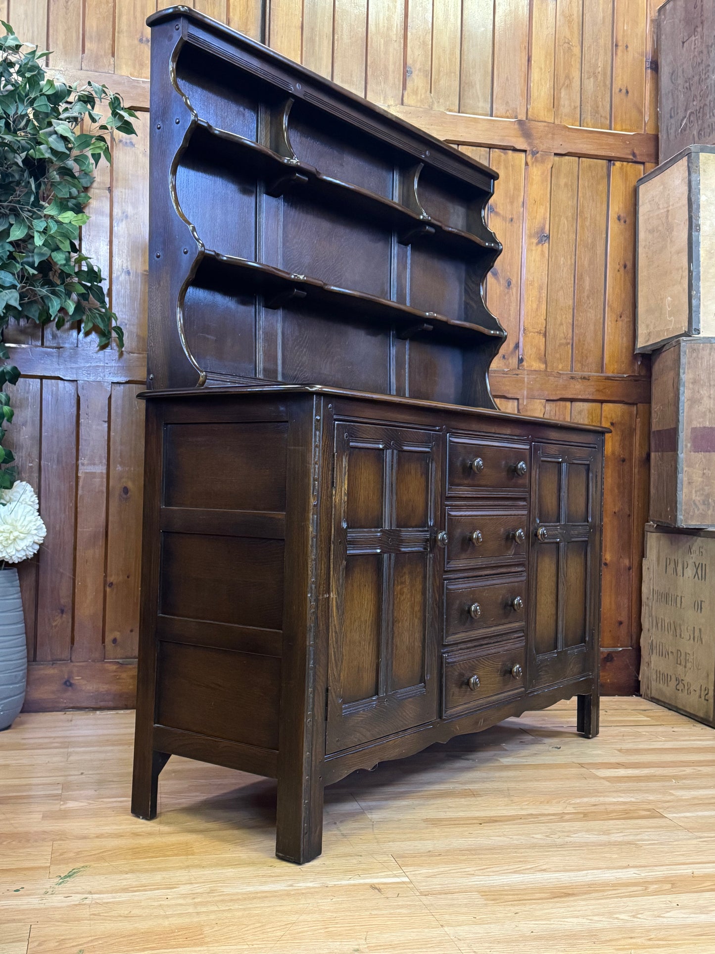 Vintage Ercol Gold Label Welsh Dresser \ Solid Elm Country Kitchen Sideboard