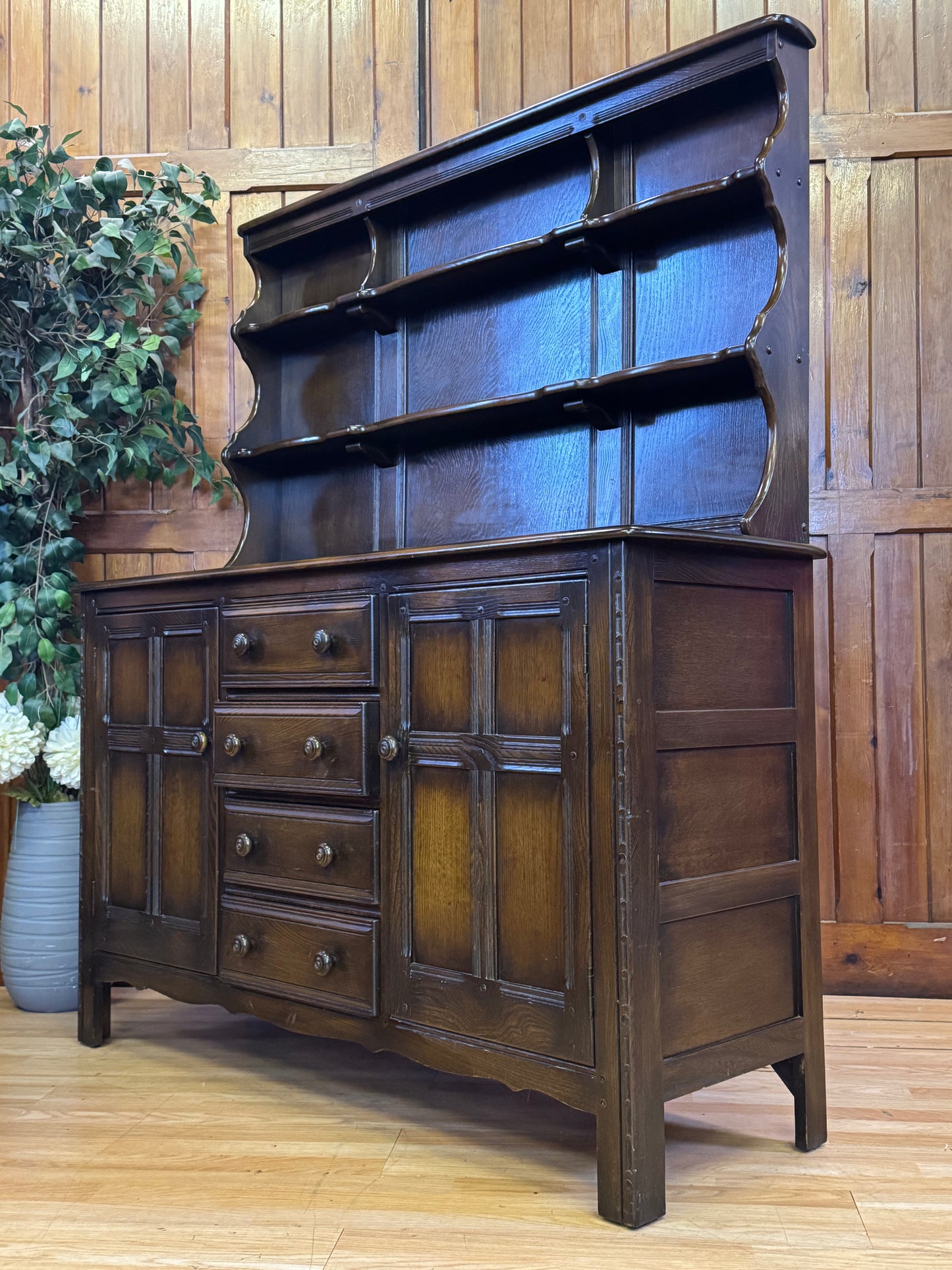 Vintage Ercol Gold Label Welsh Dresser \ Solid Elm Country Kitchen Sideboard