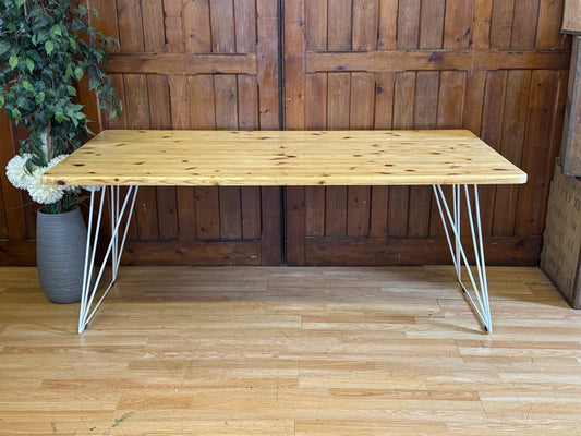 Rustic Solid Pine Kitchen Table \ Large Dining Table on White Wire Legs