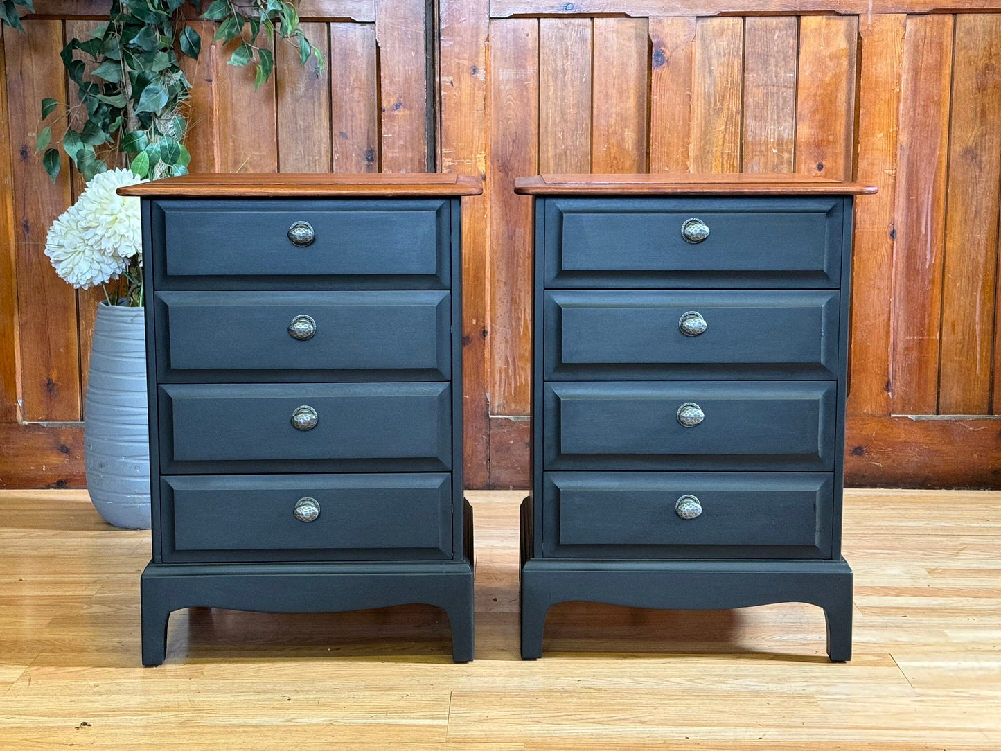 Vintage pair Stag Bedside Tables \ Hand Painted Mahogany Nightstands
