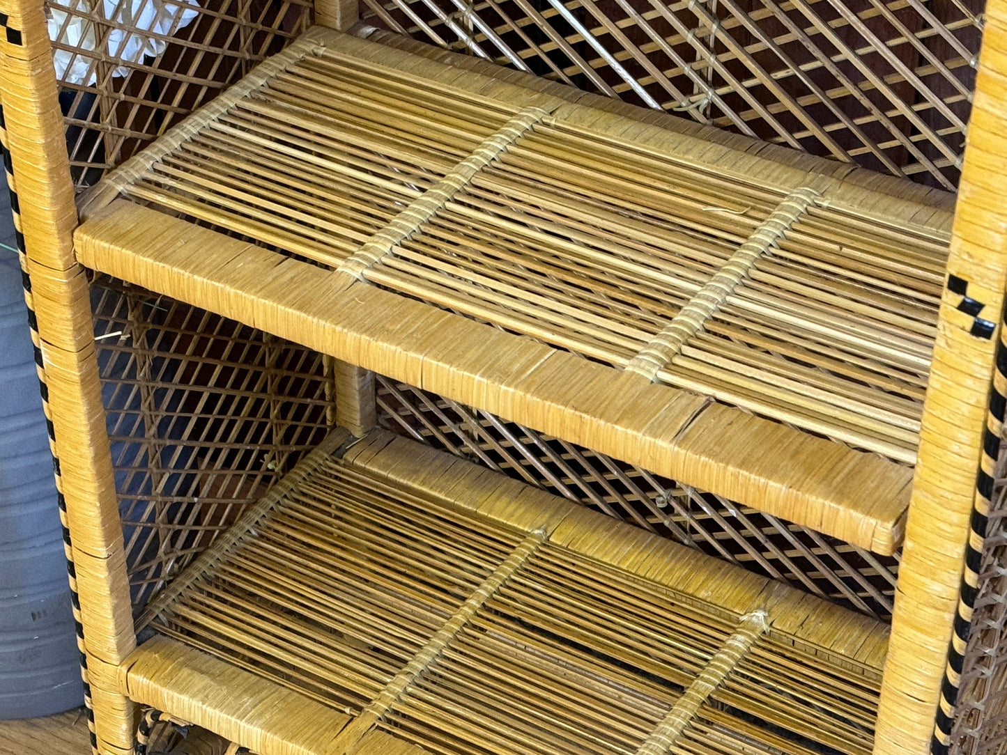 Vintage Peacock Wicker Bookcase Shelves \ Bamboo Style Shelving Unit \ Boho Storage