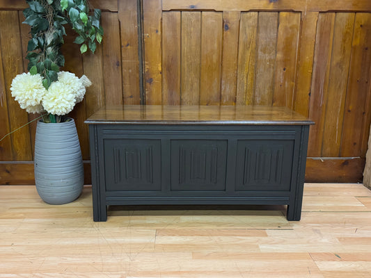Vintage Carved Oak Blanket Box \ Painted Black Ottoman \ Rustic Coffee Table